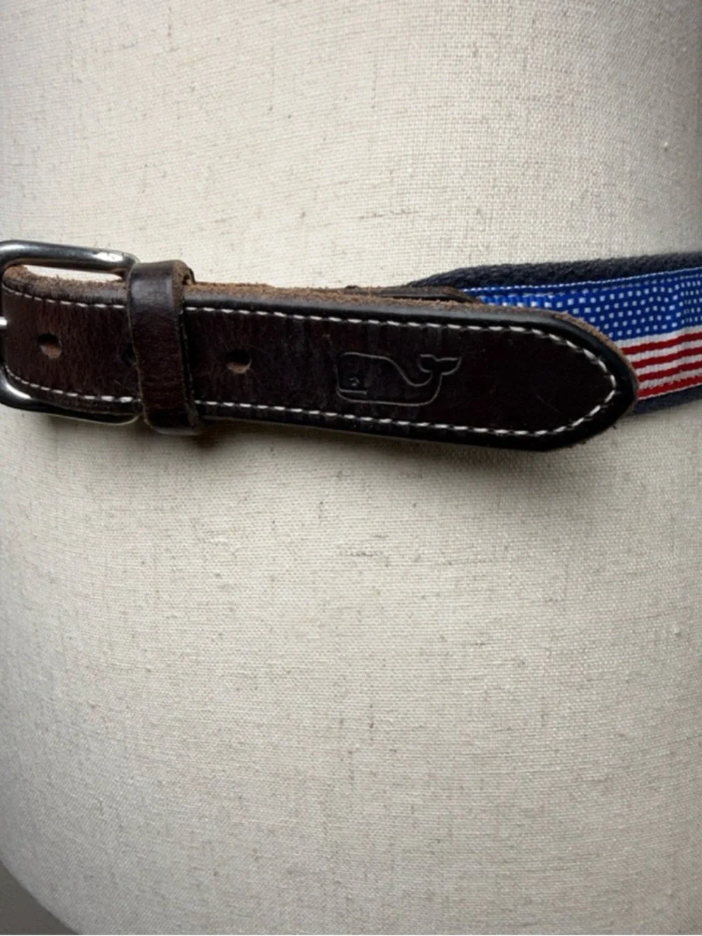 Vineyard Vines Brown Leather American Flag Web Belt Kids 30 Made USA Brass Buckl